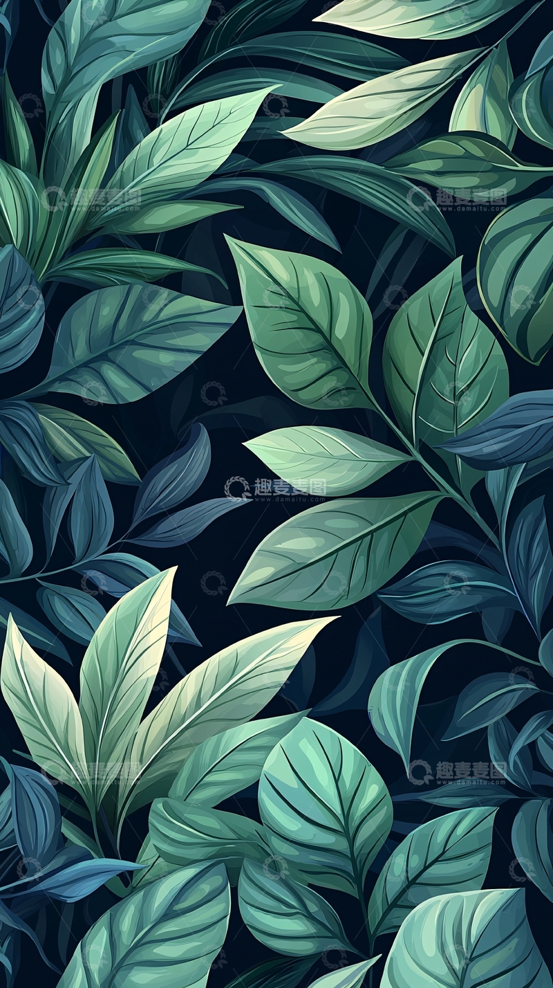 高清大图下载【趣麦麦图】深色背景上的绿色叶子图案