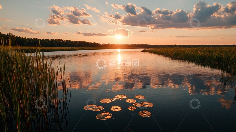 高清大图下载【趣麦麦图】夕阳下的宁静湖面