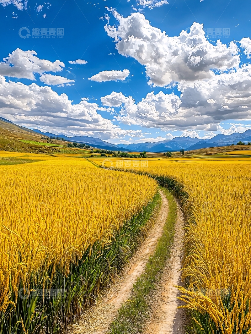 高清大图下载【趣麦麦图】金黄稻田与蓝天白云
