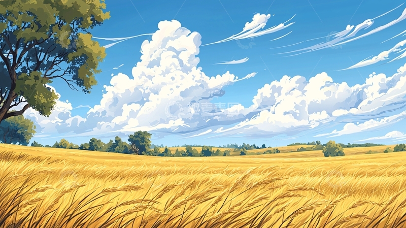 高清大图下载【趣麦麦图】金色麦田与蓝天白云