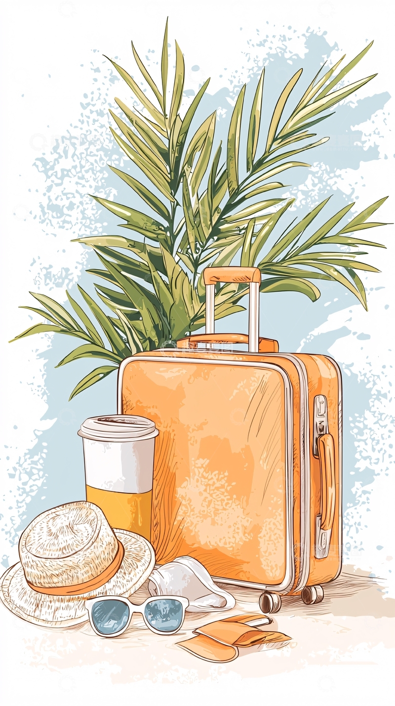 高清大图下载【趣麦麦图】夏日旅行行李箱与热带植物插画