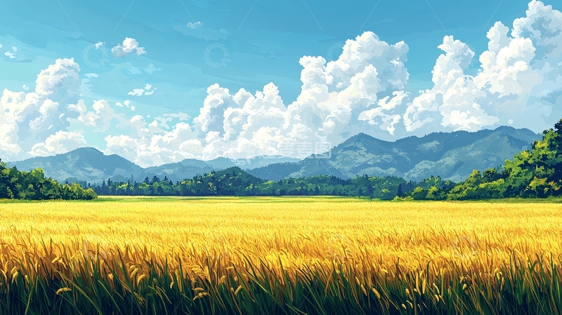 高清大图下载【趣麦麦图】金黄麦田与远山