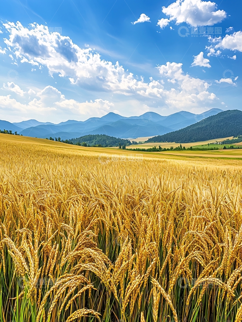 高清大图下载【趣麦麦图】金黄麦田与远处山脉