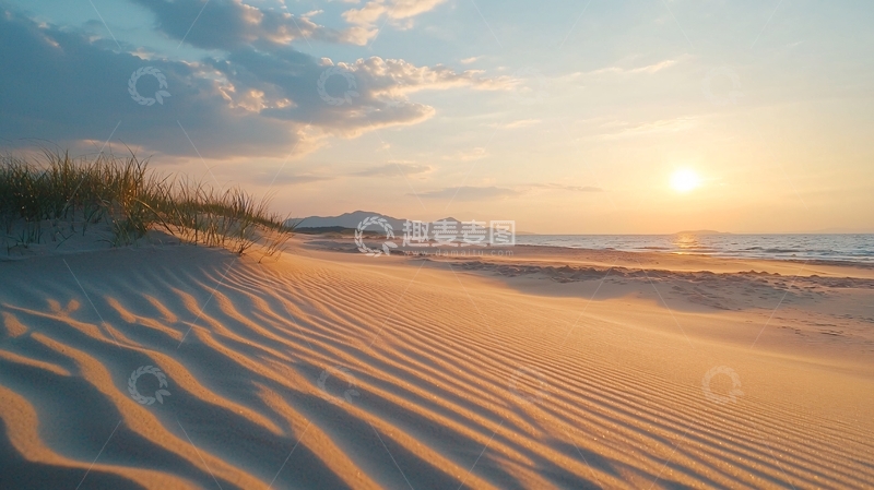 高清大图下载【趣麦麦图】夕阳下的沙滩与海景