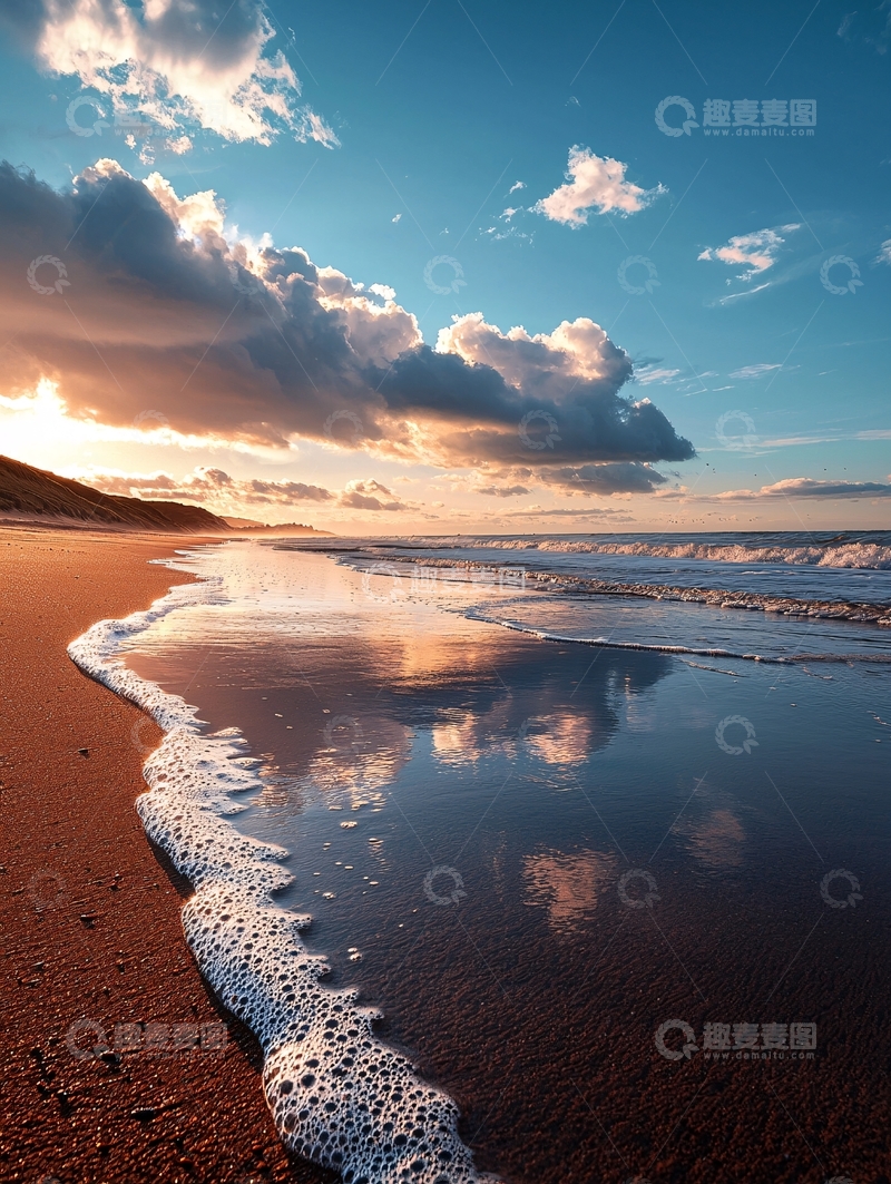 高清大图下载【趣麦麦图】日落海滩海浪沙滩风景