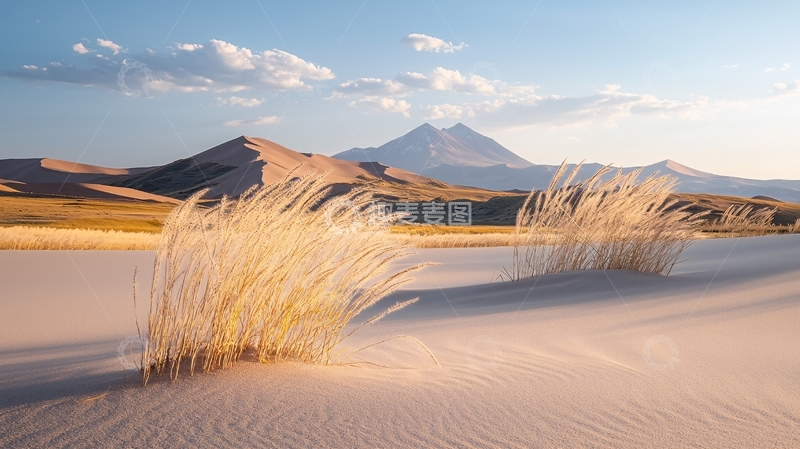 高清大图下载【趣麦麦图】沙漠中的芦苇与雪山