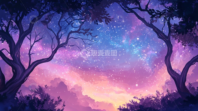 高清大图下载【趣麦麦图】梦幻星空下的森林夜景