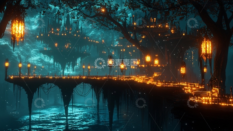 高清大图下载【趣麦麦图】梦幻森林中的浮桥夜景