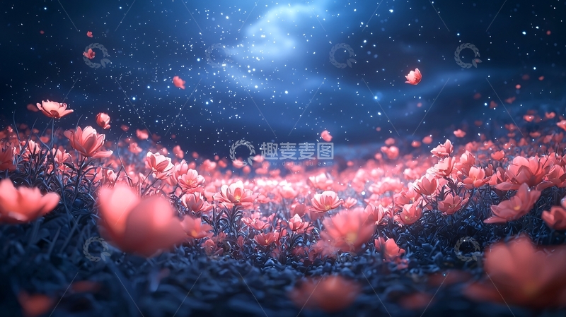高清大图下载【趣麦麦图】梦幻夜空下的花海