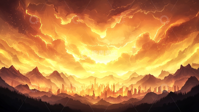 高清大图下载【趣麦麦图】日落山城幻想风景