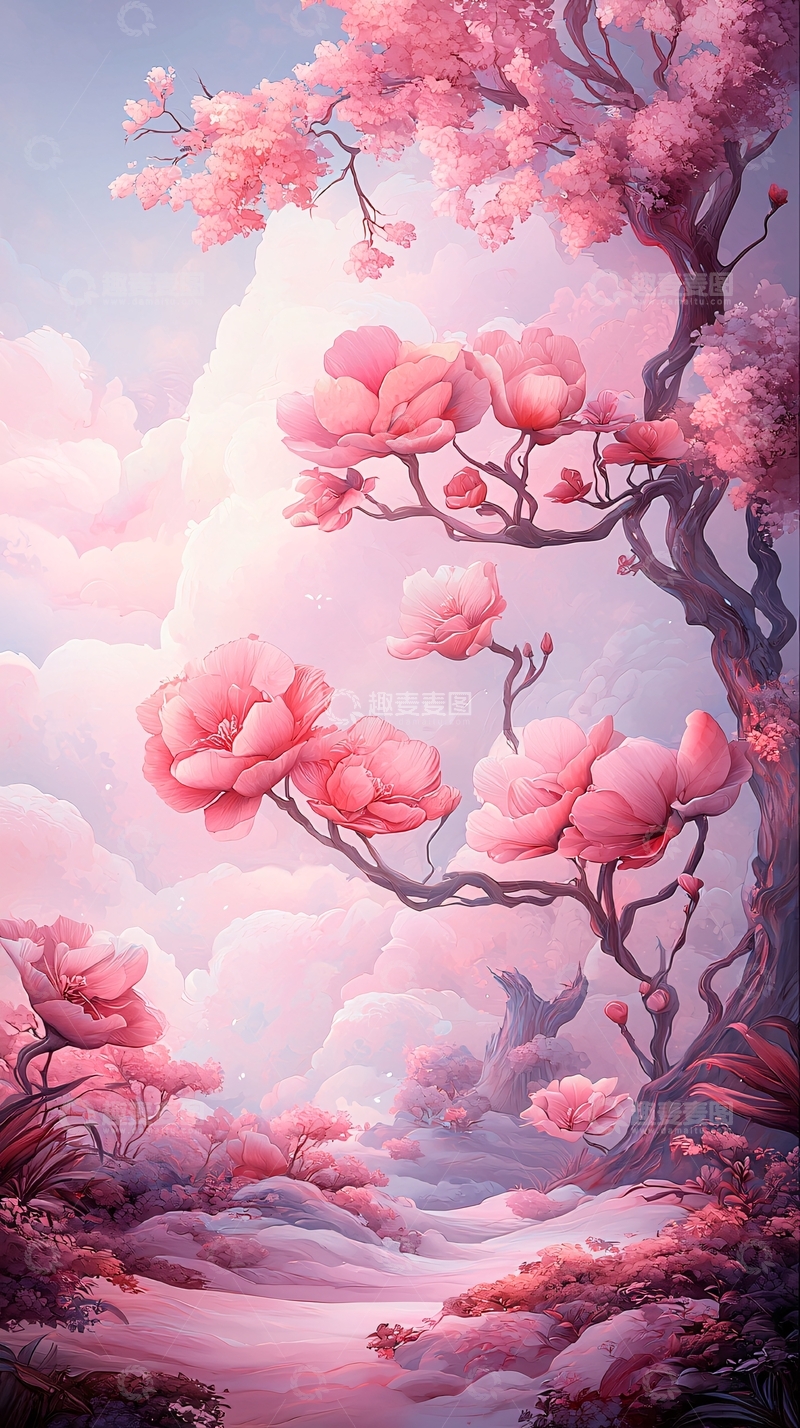 高清大图下载【趣麦麦图】粉色樱花树下的梦幻仙境
