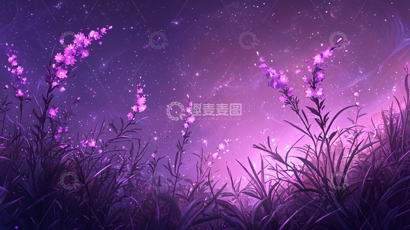 高清大图下载【趣麦麦图】梦幻紫色星空下的花海