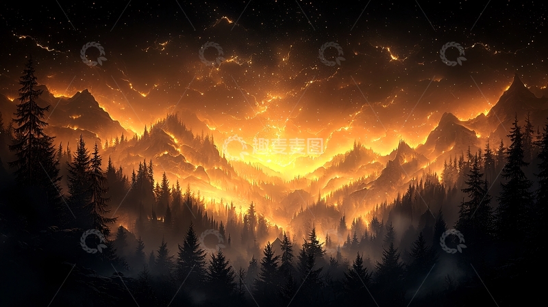高清大图下载【趣麦麦图】山火中的森林夜景