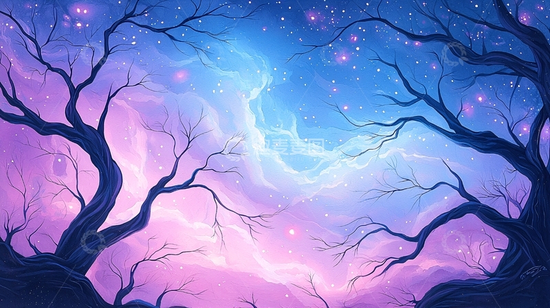高清大图下载【趣麦麦图】梦幻星空下的枯树