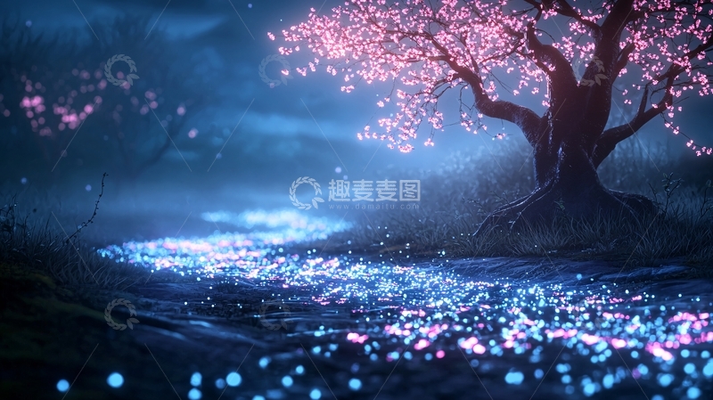 高清大图下载【趣麦麦图】梦幻夜景下的樱花树