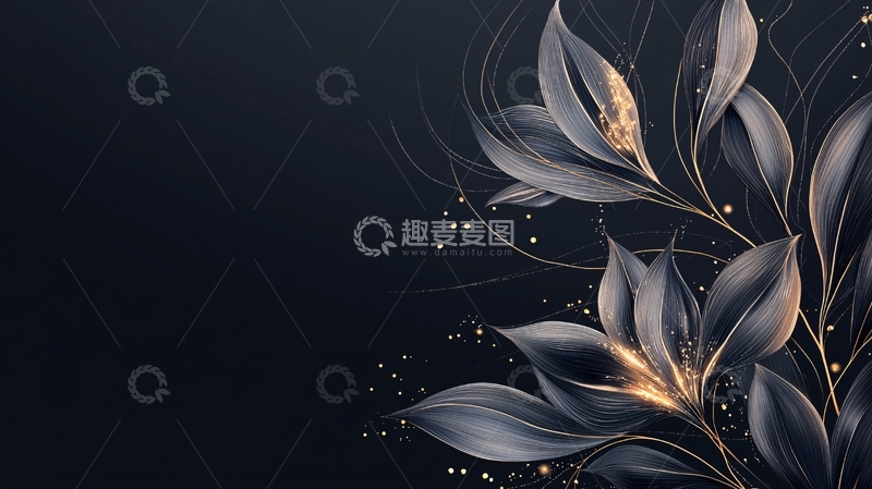 高清大图下载【趣麦麦图】金色光点与银色叶子的艺术插画