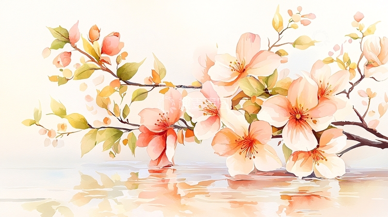 高清大图下载【趣麦麦图】春日花枝水畔静谧图