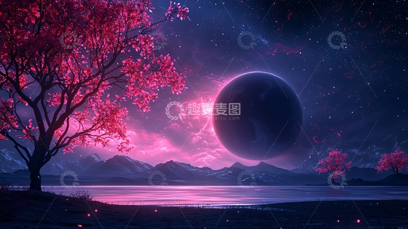 高清大图下载【趣麦麦图】梦幻星球下的樱花树