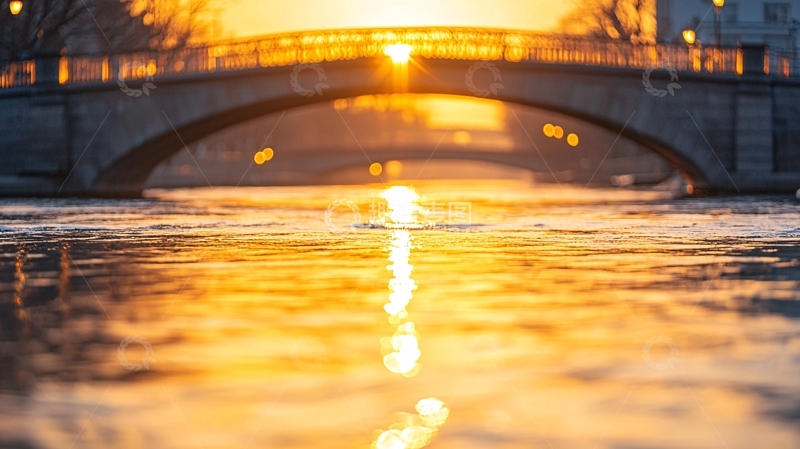 高清大图下载【趣麦麦图】夕阳下的河面与桥梁