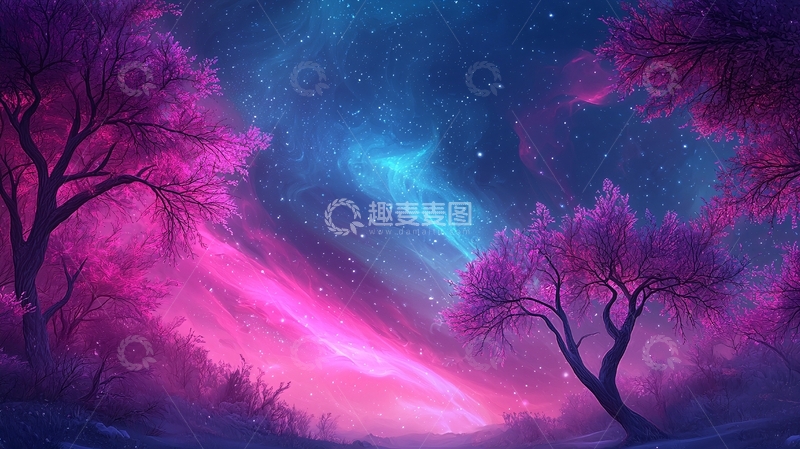 高清大图下载【趣麦麦图】梦幻星空下的紫色森林