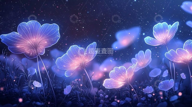 高清大图下载【趣麦麦图】梦幻星空下的发光花朵