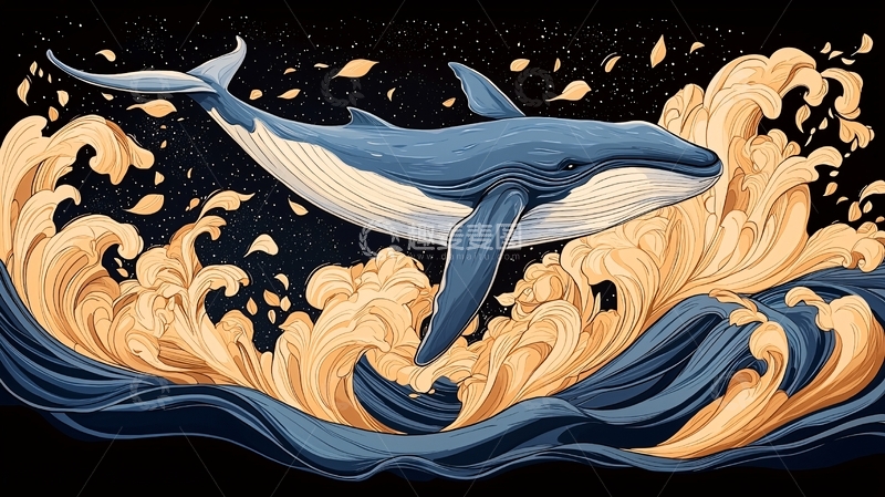 高清大图下载【趣麦麦图】夜空下的鲸鱼与波浪