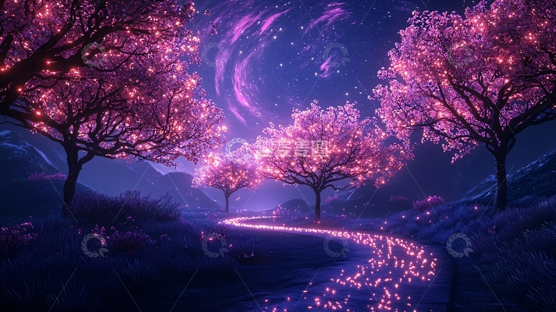 高清大图下载【趣麦麦图】梦幻紫色夜景樱花树光带
