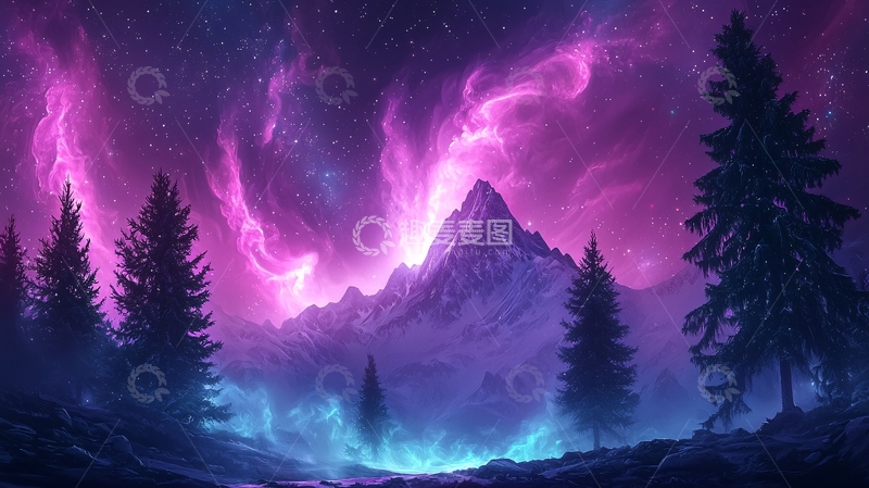 高清大图下载【趣麦麦图】梦幻星空下的雪山森林
