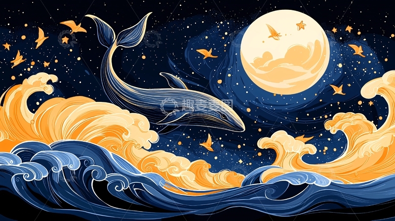 高清大图下载【趣麦麦图】夜海鲸鱼与满月