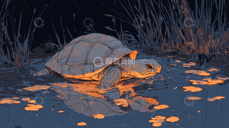 高清大图下载【趣麦麦图】-夜色中的乌龟在水中游动