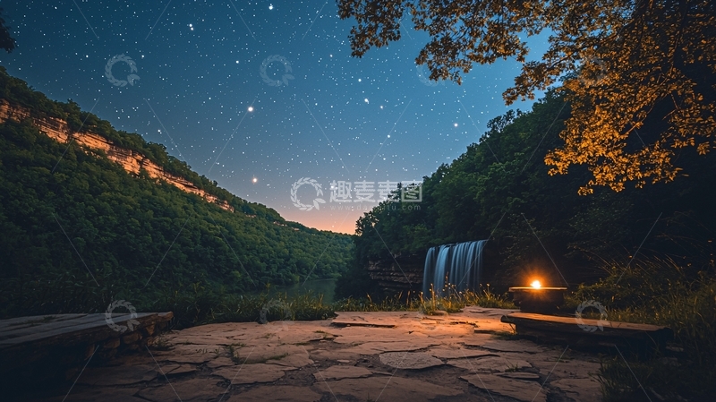 高清大图下载【趣麦麦图】夜晚瀑布下的星空美景