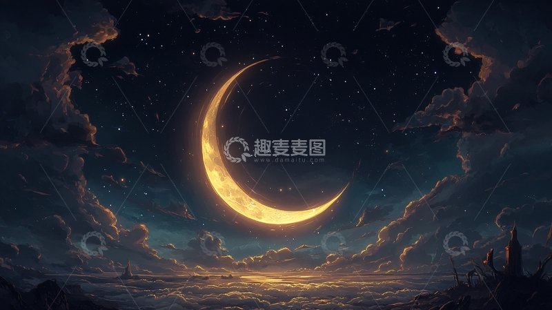 高清大图下载【趣麦麦图】弯月夜空下的神秘场景