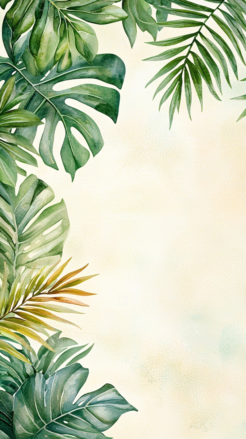 高清大图下载【趣麦麦图】热带植物水彩边框背景图