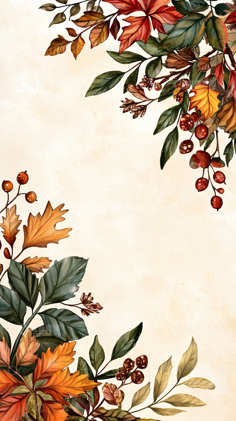 高清大图下载【趣麦麦图】秋日落叶与果实装饰背景