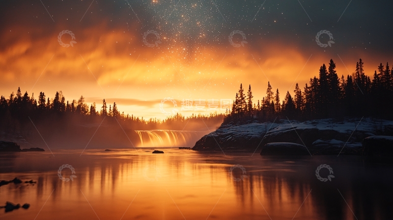 高清大图下载【趣麦麦图】日落瀑布雪景自然风光