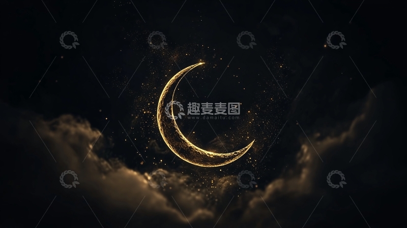高清大图下载【趣麦麦图】金色新月夜空星辰