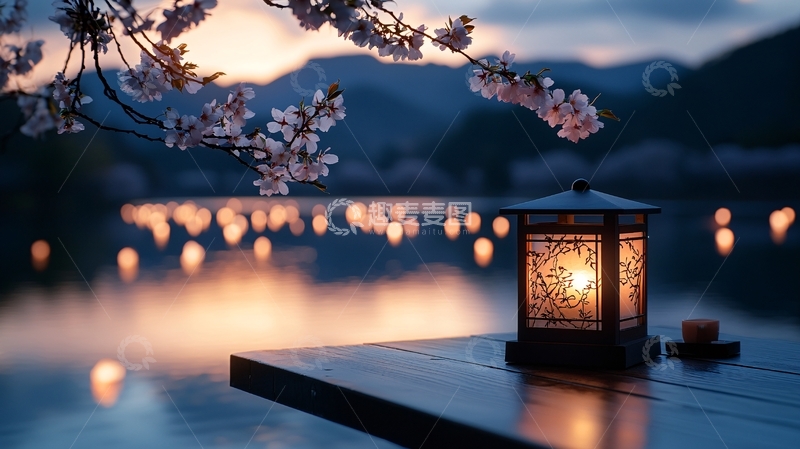 高清大图下载【趣麦麦图】樱花夜景下的灯笼与湖光