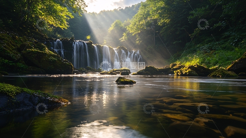 高清大图下载【趣麦麦图】阳光下的瀑布森林美景