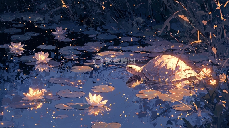 高清大图下载【趣麦麦图】-夜晚荷塘上的乌龟