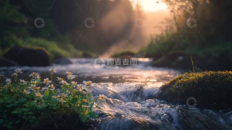 高清大图下载【趣麦麦图】晨光中的小溪与野花