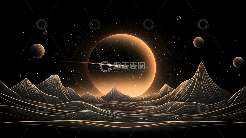 高清大图下载【趣麦麦图】星际旅行：月球与火箭的奇幻景象