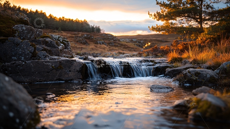 高清大图下载【趣麦麦图】日落时分的溪流瀑布