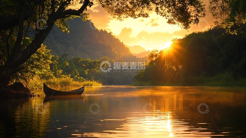 高清大图下载【趣麦麦图】日落湖畔静谧小舟