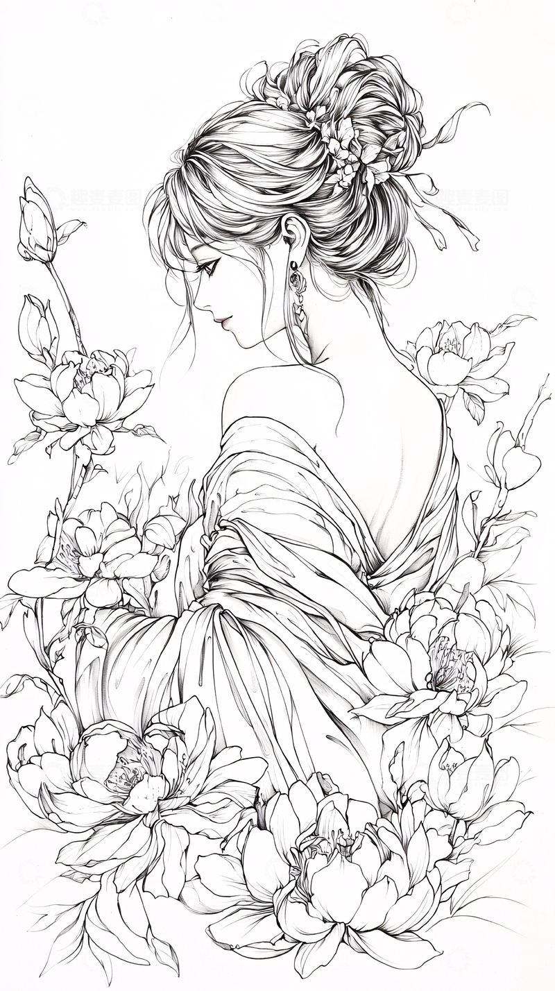 高清大图下载【趣麦麦图】古典美人与牡丹花