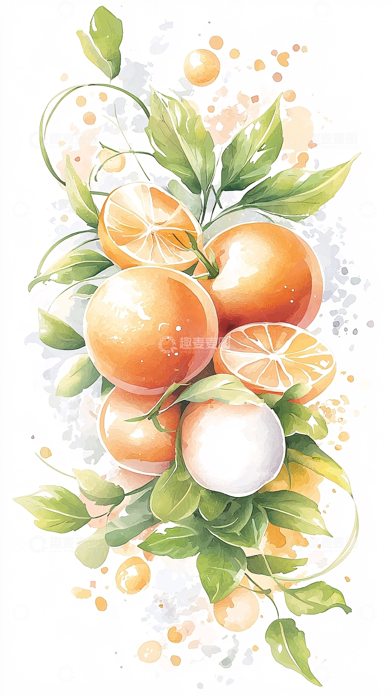 高清大图下载【趣麦麦图】橙子与绿叶水彩画