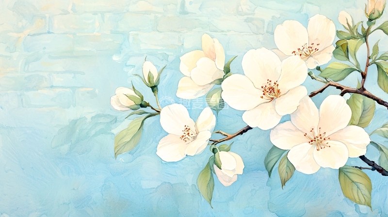 高清大图下载【趣麦麦图】白色花朵与蓝色背景的艺术画