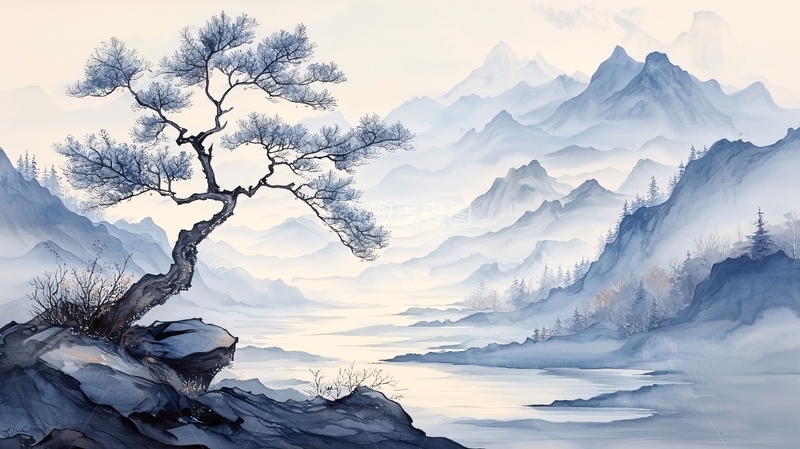 高清大图下载【趣麦麦图】水墨山水画：孤松临江