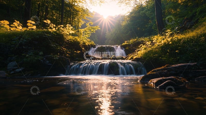 高清大图下载【趣麦麦图】森林中的瀑布日落美景