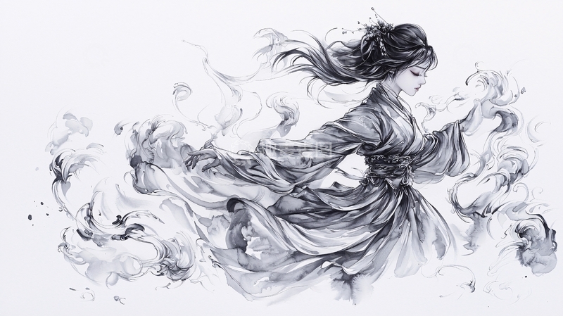 高清大图下载【趣麦麦图】飘逸古风女子水墨画