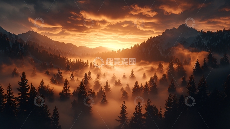 高清大图下载【趣麦麦图】晨雾中的森林山脉
